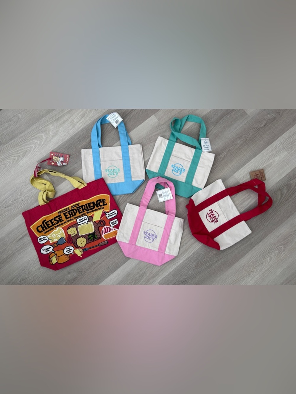 Trader Joe’s 4 Mini and 1 Cheese Experience/Adventure Canvas Tote Bags